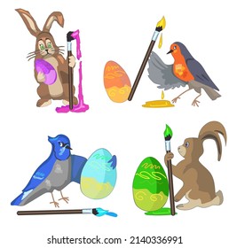 Easter Animals Vector Mini-set. Bunny, Robin And Blue Jay Are Painting Eggs