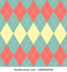 Easter Argyle plaid. Scottish pattern in red, blue and yellow rhombuses. Scottish cage. Traditional Scottish background of diamonds. Seamless fabric texture. Vector illustration
