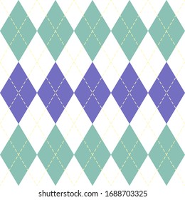 Easter Argyle plaid. Scottish pattern in green, violet and white rhombuses. Scottish cage. Traditional Scottish background of diamonds. Seamless fabric texture. Vector illustration