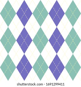 Easter Argyle plaid. Scottish pattern in green, violet and white rhombuses. Scottish cage. Traditional Scottish background of diamonds. Seamless fabric texture. Vector illustration