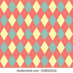 Easter Argyle plaid. Scottish pattern in red, blue and yellow rhombuses. Scottish cage. Traditional Scottish background of diamonds. Seamless fabric texture. Vector illustration