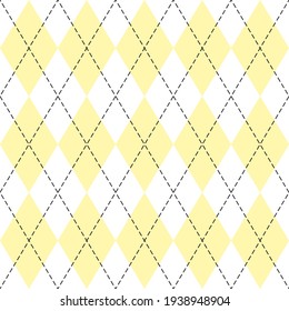 Easter Argyle plaid. Scottish pattern in yellow and white rhombuses. Scottish cage. Traditional Scottish background of diamonds. Seamless fabric texture. Vector illustration