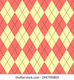 Easter Argyle plaid. Scottish pattern in red and yellow rhombuses. Scottish cage. Traditional Scottish background of diamonds. Fabric texture. Vector illustration