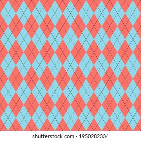 Easter Argyle plaid. Scottish pattern in red and blue rhombuses. Scottish cage. Traditional Scottish background of diamonds. Seamless fabric texture. Vector illustration