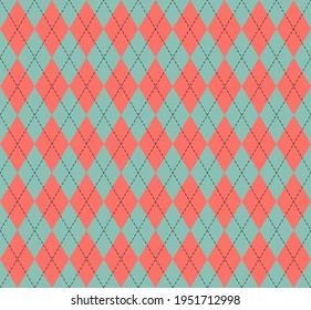 Easter Argyle plaid. Scottish pattern in green and red rhombuses. Scottish cage. Traditional Scottish background of diamonds. Seamless fabric texture. Vector illustration