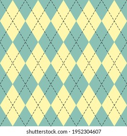 Easter Argyle plaid. Scottish pattern in green and yellow rhombuses. Scottish cage. Traditional Scottish background of diamonds. Seamless fabric texture. Vector illustration