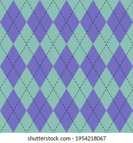 Easter Argyle plaid. Scottish pattern in green and violet rhombuses. Scottish cage. Traditional Scottish background of diamonds. Seamless fabric texture. Vector illustration