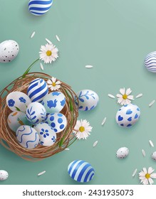 Easter art background with Easter eggs and spring flowers. Vector realistic banner for the design of cards, posters, invitations, covers, congratulations. Happy Easter illustration.