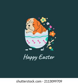 Easter art. Doodle illustration, a card with cartoon dog in egg with spring flowers. Colorful easter card with English bulldog.