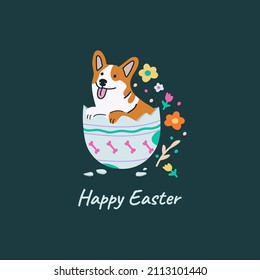 Easter art. Doodle illustration, a card with cartoon dog in egg with spring flowers. Colorful easter card with a corgi.