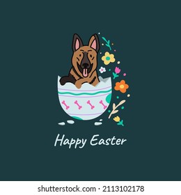 Easter art. Doodle illustration, a card with cartoon dog in egg with spring flowers. Colorful easter card with a german shepherd.