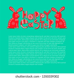 Easter article vector color template with text. Spring holiday web page banner. Happy Easter Scandinavian style lettering with rabbits. Ornate folk typography with decor, ornament. Greeting phrase