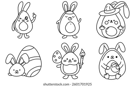 An easter Avocado Bunny with Egg Pit,Cute Easter themed illustrations featuring avocados and bunnies, perfect for festive