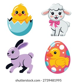Easter baby animals set with chick hatching, bunny, lamb, decorated egg, spring icons for classroom worksheets, greeting cards, craft sessions