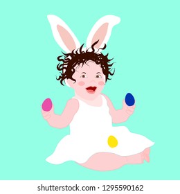 Easter baby in bunny ears playing with colorful eggs vector isolated toddler girl