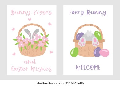 Easter baby cards with cute cartoon bunny in a basket with flowers and eggs. Easter posters in pastel colors. Bunny ears and bunny tail vector illustrations.