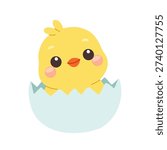 Easter Baby Chick Hatching From Egg. Cute Spring Kids Yellow Illustration