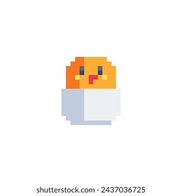 Easter baby chicken character in eggshell. Pixel art. Happy Easter greeting card design. Isolated vector illustration. 