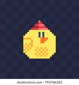 Easter baby chicken character. Pixel art style. Happy Easter greeting card design. Isolated vector illustration. 