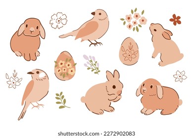 Easter baby rabbit, birds, eggs set. Cute vector bunny isolated element, spring floral collection hand drawn in vector. Beige naive animals, flowers, leaves illustration. Decorative hare, sparrow.