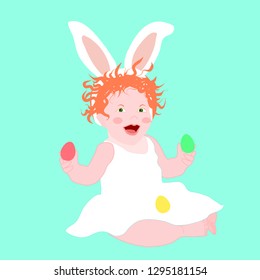 Easter baby redhead child with bunny ears headband playing colored eggs