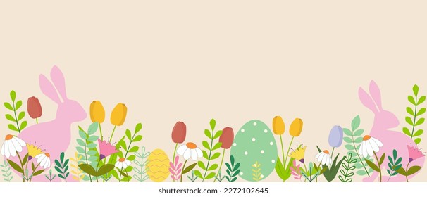 Easter backgriund with bunny, eggs and flowers. Vector illustration