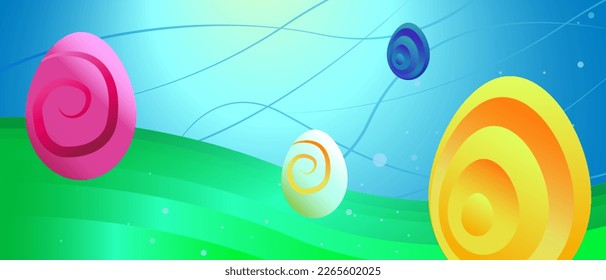 Easter background with 3d dimensional gradient eggs, meadow and lines. Idea for wallpaper, landing page, greeting leaflets.