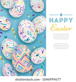 Easter background with 3d ornate eggs on blue with letters. Cute vector easter banner or greeting card
