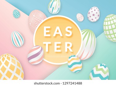Easter background with 3d ornate eggs with circle frame. Illustration in soft colors. Cute easter banner, poster, flyer or greeting card