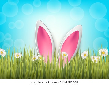 Easter background with 3d realistic bunny ears in green glass and flowers on blue backdrop. Vector illustration.