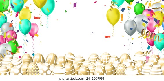 Fondo de Pascua con globos, confeti y cintas. Ilustración vectorial.