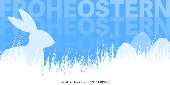 easter background banner with German words FROHE OSTERN, happy easter, with silhouette of easter bunny and eggs