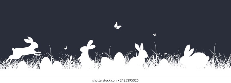 Easter background. Easter banner with grass and bunny. Easter bunny or rabbit with eggs and butterfly on the grass