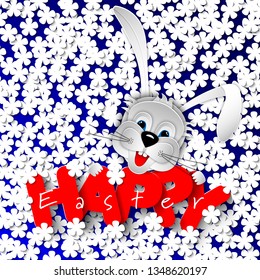 Easter background, banner, poster, flyer, wallpaper with place for text. Rabbit head cut out of paper on blue background with chamomile flowers and inscription Happy Easter. 3D vector illustration.