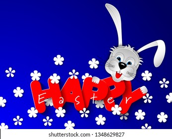 Easter background, banner, poster, flyer, wallpaper with place for text. Rabbit head cut out of paper on blue background with chamomile flowers and inscription Happy Easter. 3D vector illustration.