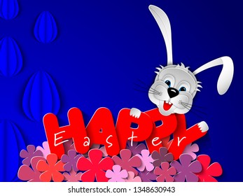 Easter background, banner, poster, flyer, wallpaper with place for text. Rabbit head cut out of paper on blue background with eggs, lilac flowers and inscription Happy Easter. 3D vector illustration