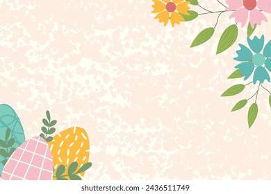 Easter background for banner, template. Trendy Easter design with flowers, eggs, in pastel colors with texture on background. Flat vector illustration. sstkEaster