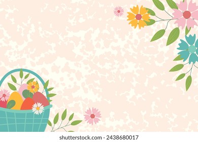 Easter background for banner, template. Trendy Easter design with flowers, basket of easter eggs, in pastel colors with texture on background. Flat vector illustration