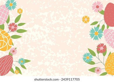 Easter background for banner, template. Trendy Easter design with flowers, eggs, in pastel colors with texture on background. Flat vector illustration