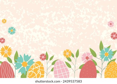 Easter background for banner, template. Trendy Easter design with flowers, eggs, in pastel colors with texture on background. Flat vector illustration
