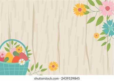 Easter background for banner, template. Trendy Easter design with flowers, basket of easter eggs, in pastel colors with wooden texture on background. Flat vector illustration. sstkEaster