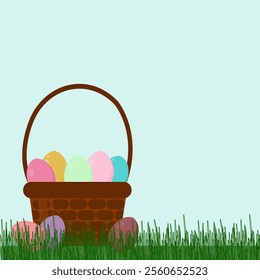 Easter background with a basket and colorful eggs laid out in the grass