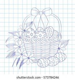 Easter background with a basket, eggs, flowers and a bow