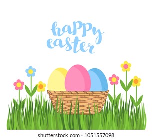 Easter background. Easter basket with eggs on the grass