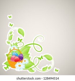 Easter background with basket and eggs. Vector illustration.