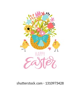 Easter background with a basket of flowers and 2 chicken and lettering - Happy Easter. Vector illustration.