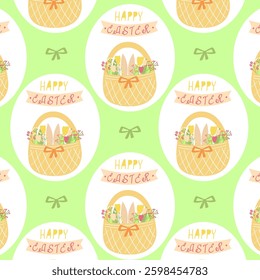 Easter background basket with flowers. Easter background for greeting card, vector illustration with decorative baskets, ribbons, and eggs for decor