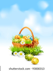 Easter background with a basket full Easter eggs