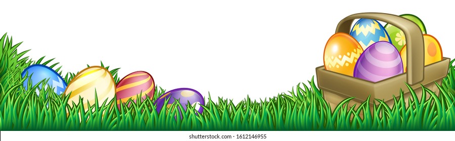 Easter background with basket or hamper full of Easter eggs in a field of grass.