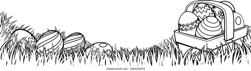 Easter background with basket or hamper full of Easter eggs in a field of grass. In black and white outline.
